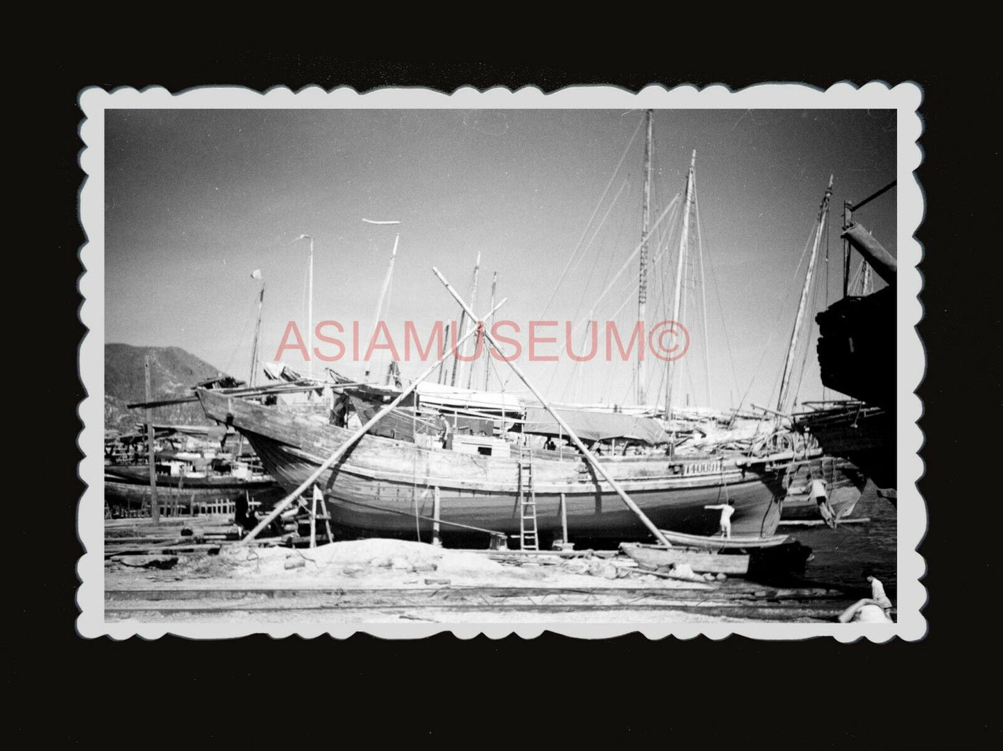 40s BRITISH ARMY WAR SHIP CANNON BOAT PIER VINTAGE  Hong Kong Photo 香港老相片 #1567