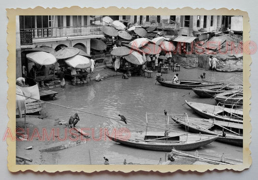 1940s KOLKATA GANGES RIVER TEMPLE BOAT PIER SAMPAN B&W Vintage INDIA Photo #1128