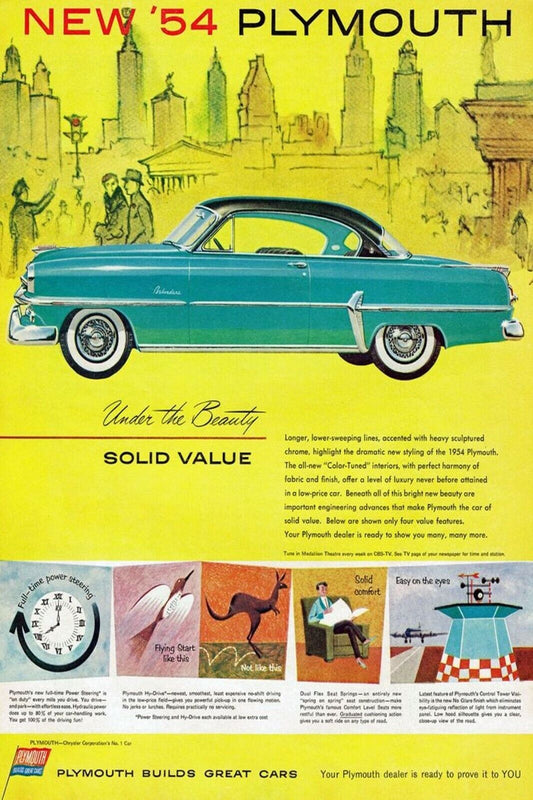 1950s America Plymouht Car Convertible Clock Vintage Advertisement Postcard #025