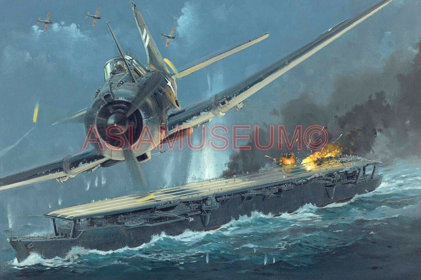 1943 WW2 USA AMERICA AIRCRAFT CARRIER WARSHIP PLANE SHIP WAR ART BATTLE Postcard