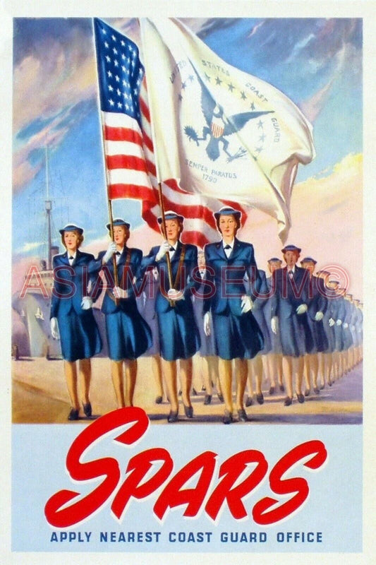 1944 WW2 USA AMERICA WOMEN LADY COAST GUARD SPARS WAR FLAG PROPAGANDA Postcard