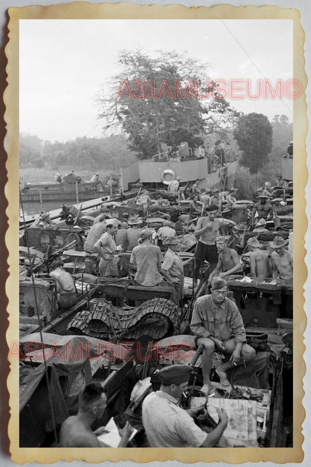 50s Vietnam SAIGON TANK MACHINE GUN WARSHIP TOPLESS GROUP ARMY Vintage Photo 616