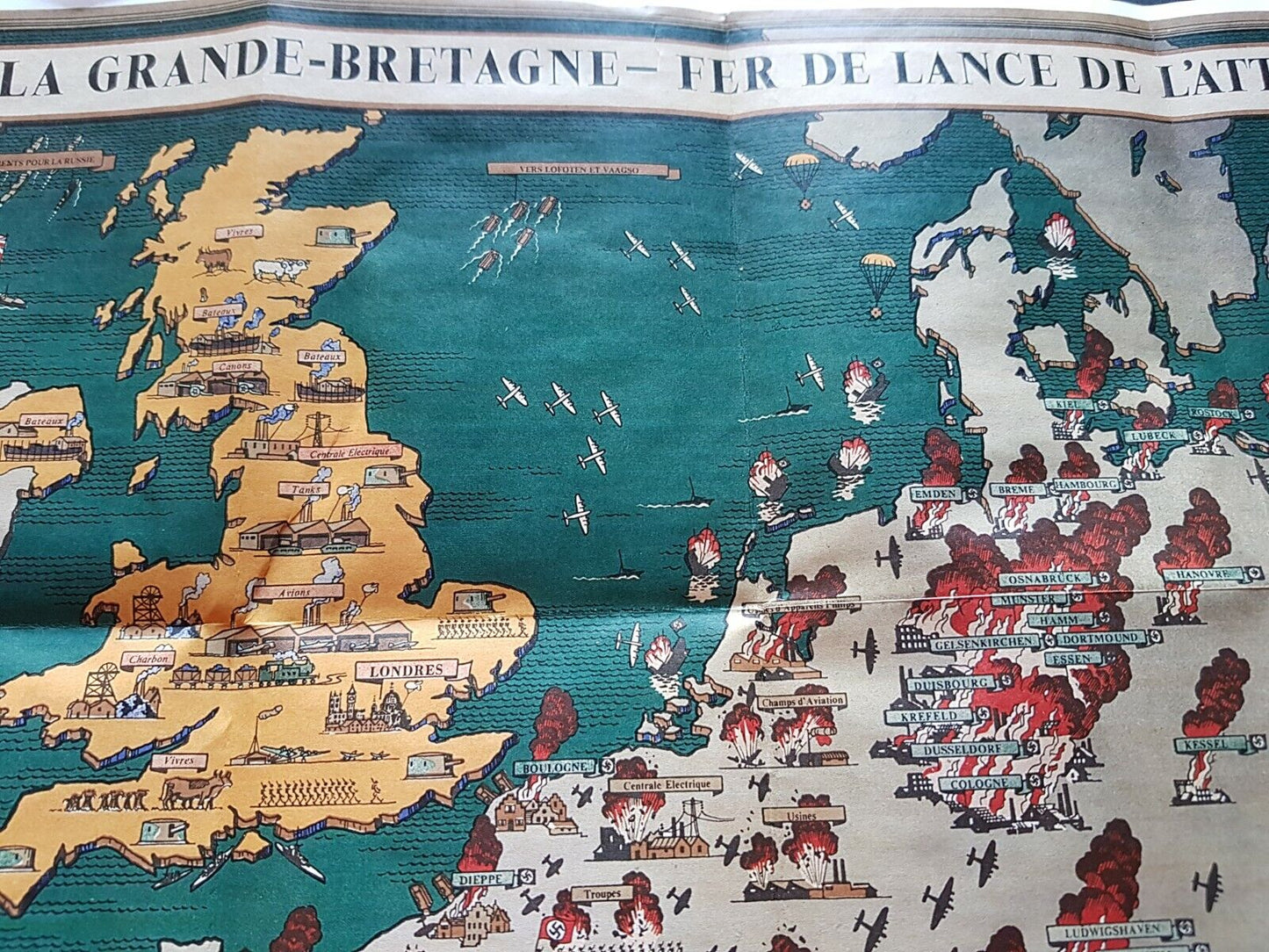 1942 WW2 BRITAIN FRANCE SPAIN EUROPE HOLLAND BELGIUM WAR MAP  PROPAGANDA POSTER