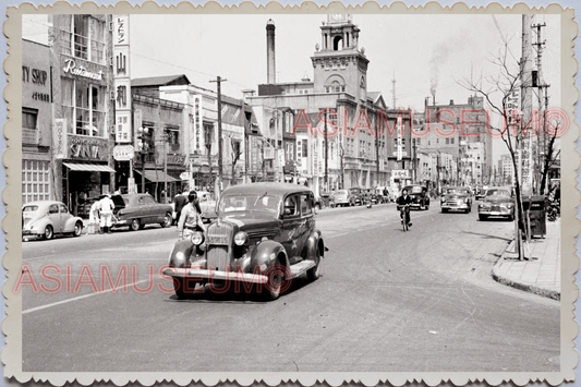 50s JAPAN TOKYO STREET SCENE CAR SHOP STORE CLOCK TOWER Old Vintage Photo 25640