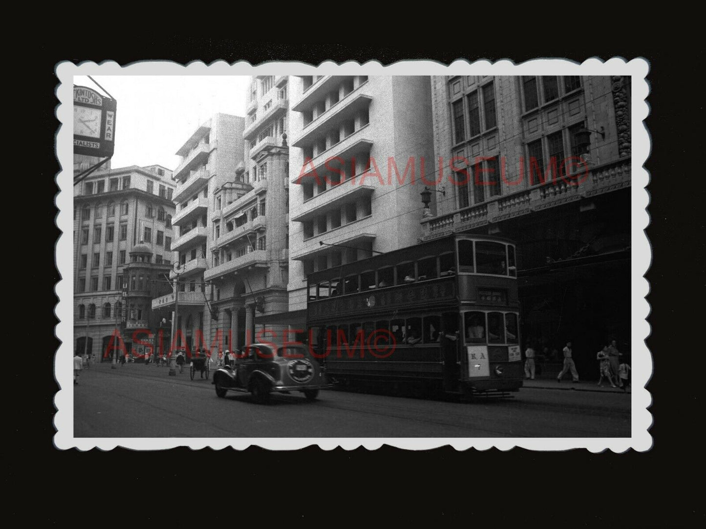 1940s Tram Bus Car Des Voeux Queen's Road Shop Vintage B&W Hong Kong Photo #1668