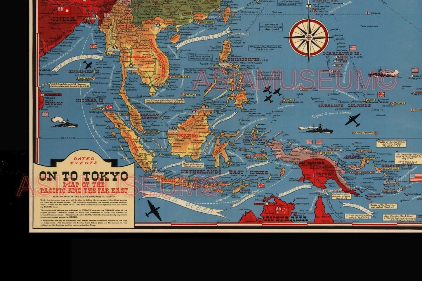 1944 WW2 USA JAPAN PACIFIC WAR MAP TIMELINE SUBMARINE WARSHIP AIRCRAFT POSTER