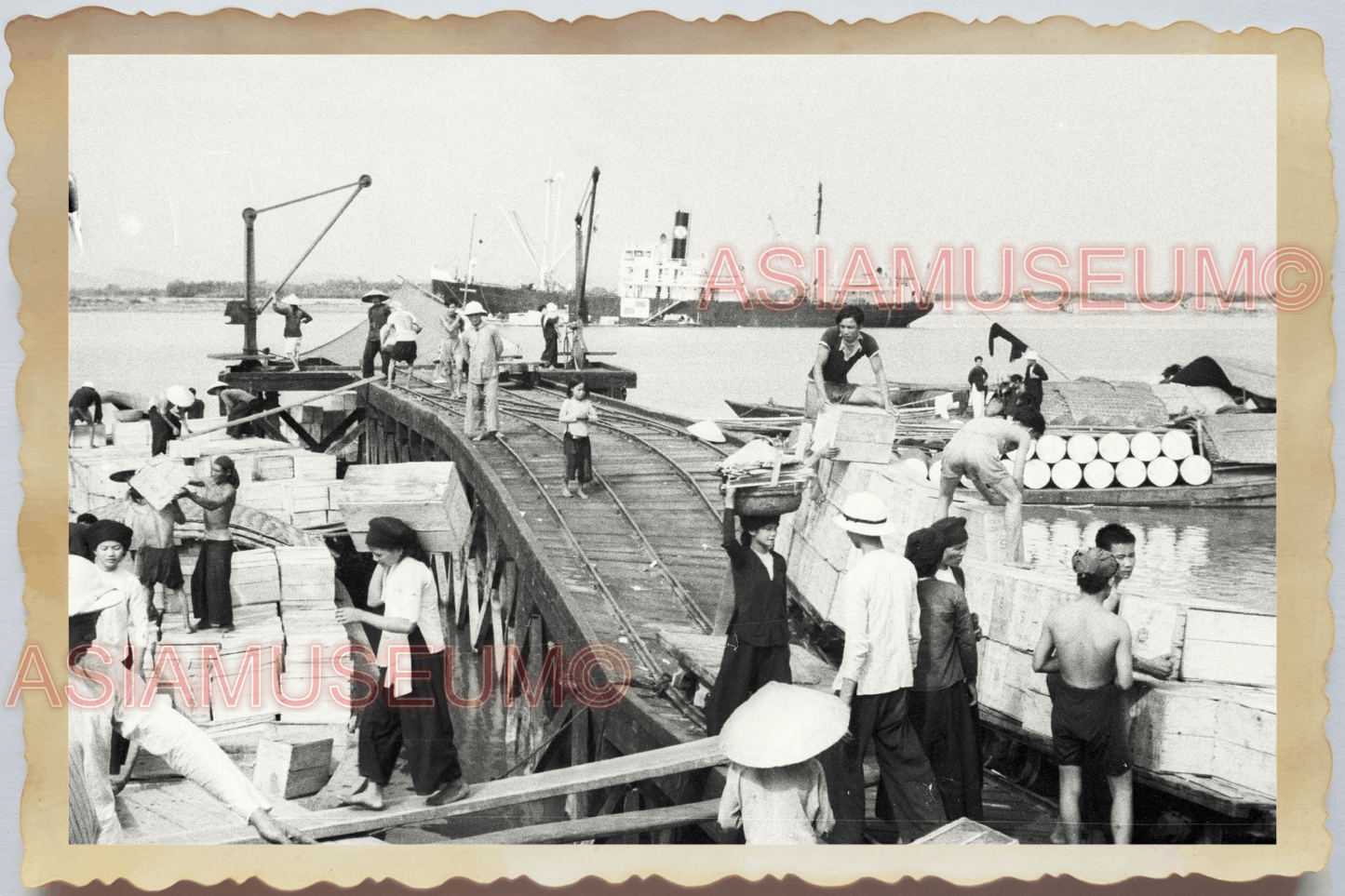 40s WW2 Vietnam SHIP PIER HARBOR WOMEN COOLIE CARGO RAIL OLD Vintage Photo 04417