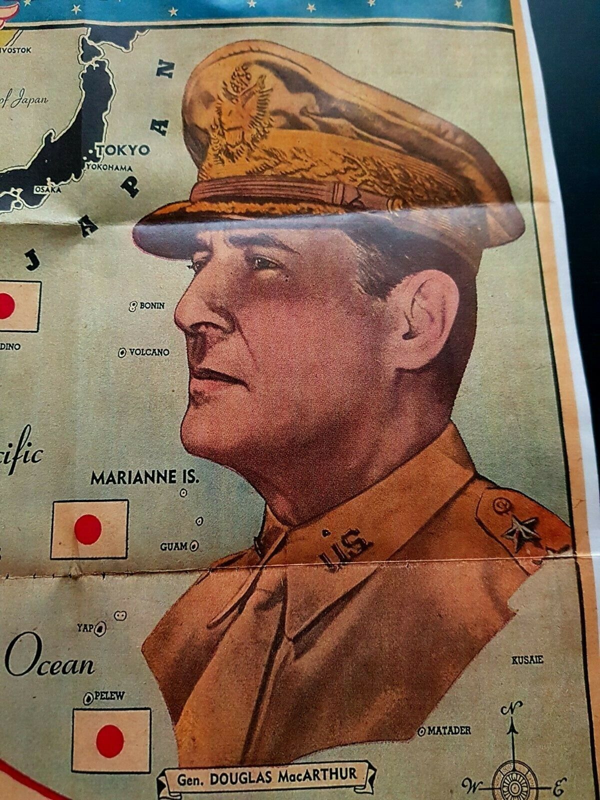 1942 WW2 AMERICA PACIFIC WAR MACARTHUR JAPAN FLAG NAVY WARSHIP PROPAGANDA POSTER