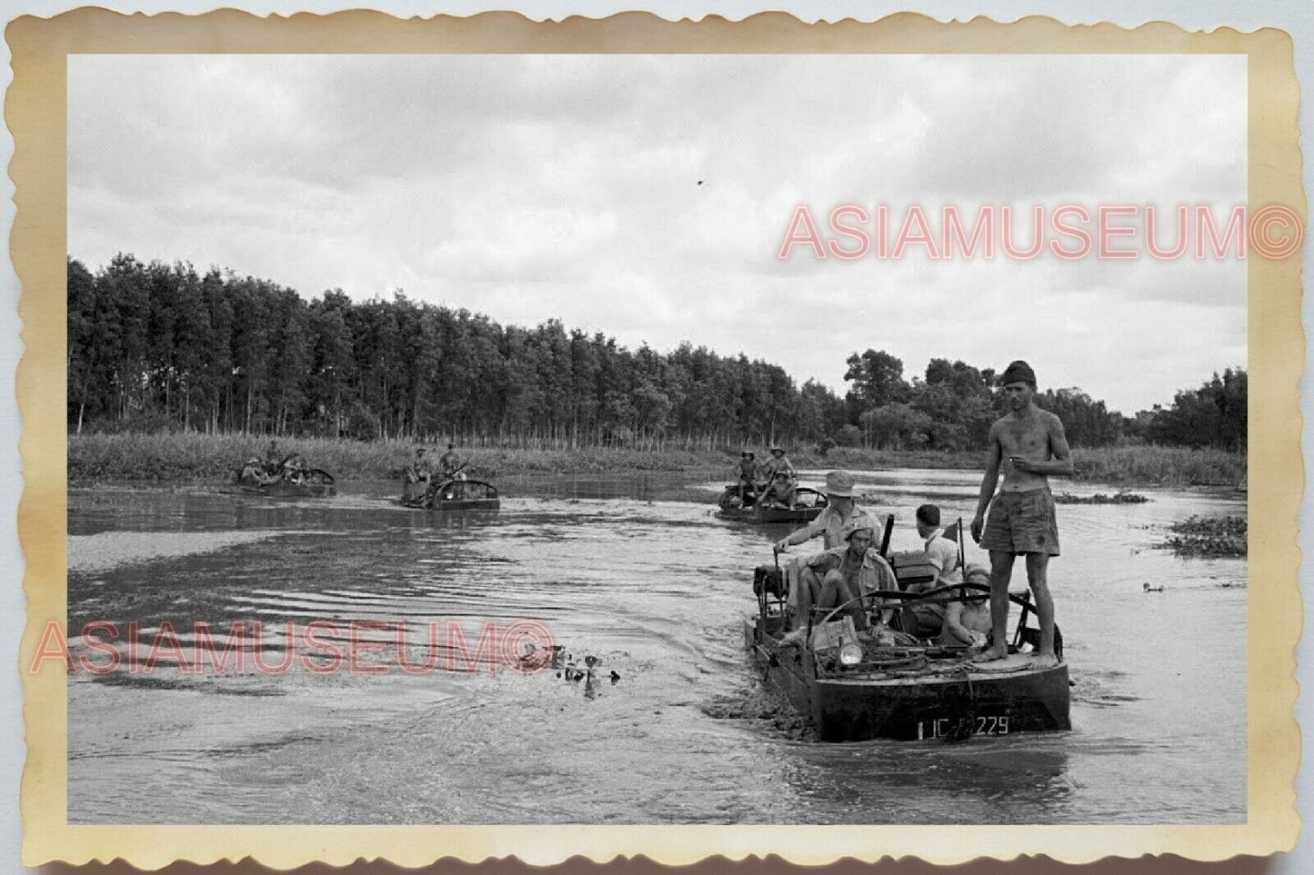 50s Vietnam Indochina Saigon Army Soldier Mekong River Boat Vintage Photo #540