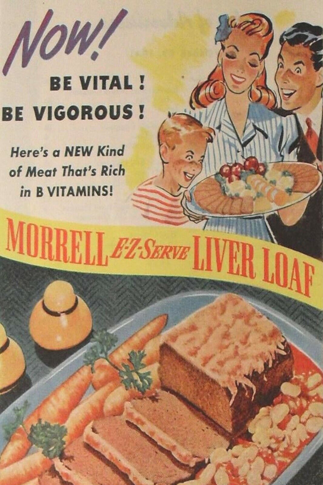 1950s MEAT VITAMIN MORRELL LIVER LOAF cARROT CAKE BOY Ads Vintage Postcard #96