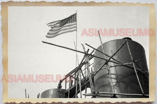 40s WW2 Vietnam AMERICA FLAG OIL GASOLINE REFINERY BARREL ii Vintage Photo 23803