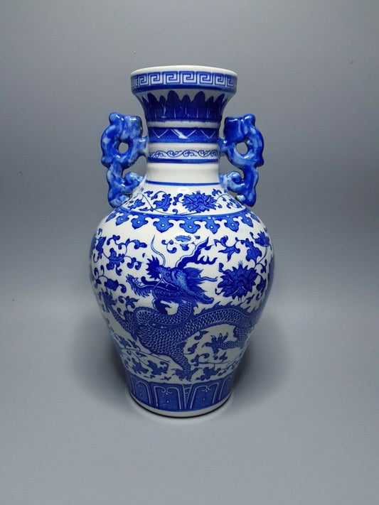 Antique 17th Qing Dynasty Qianlong Marked DRAGON VASE Glaze Blue White Porcelain
