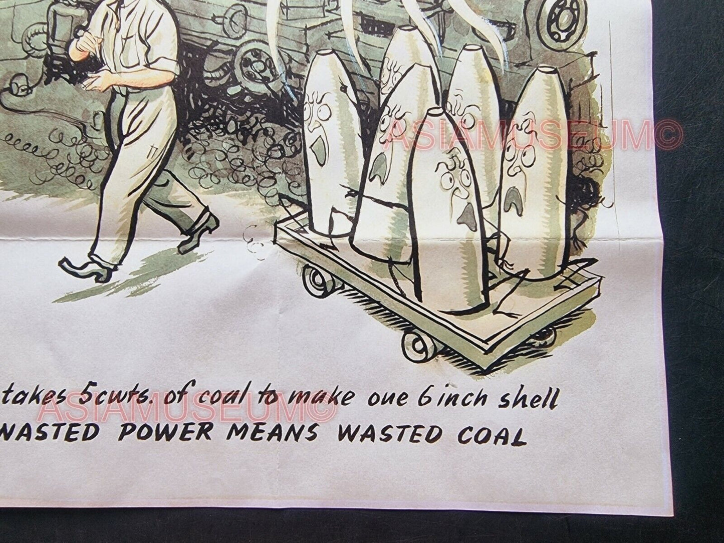 1943 WW2 USA AMERICA BRITAIN FACTORY WASTE POWER COAL BOMB WAR PROPAGANDA POSTER