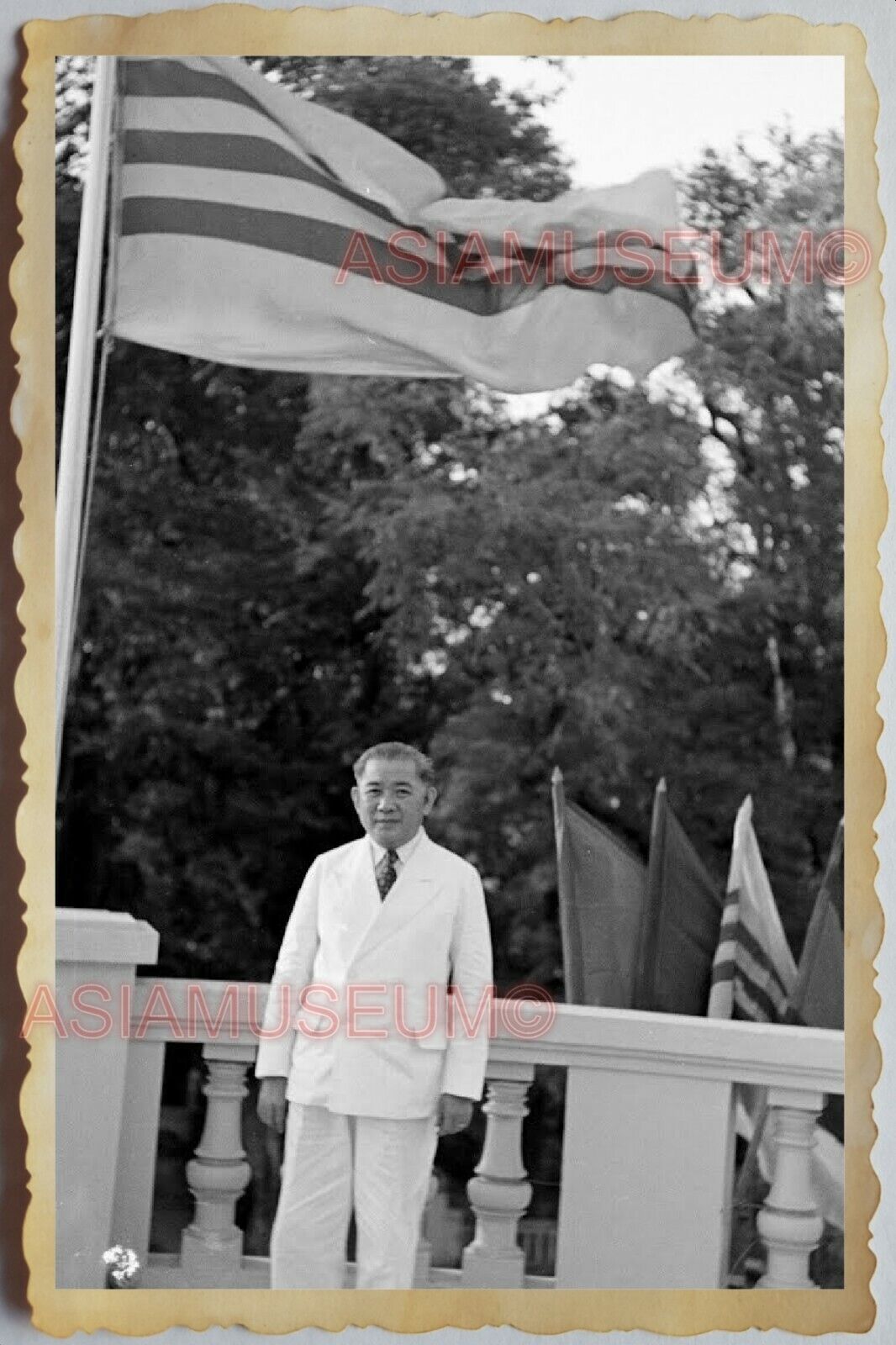 50s Vietnam SAIGON CITY HALL MAN SUIT AMERICA FRANCE FLAG WAR Vintage Photo 957