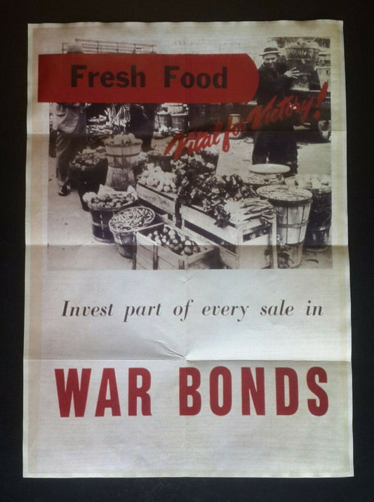 1944 WW2 USA AMERICA BUY WAR BONDS MARKET FRESH FOOD WOMEN PROPAGANDA POSTER