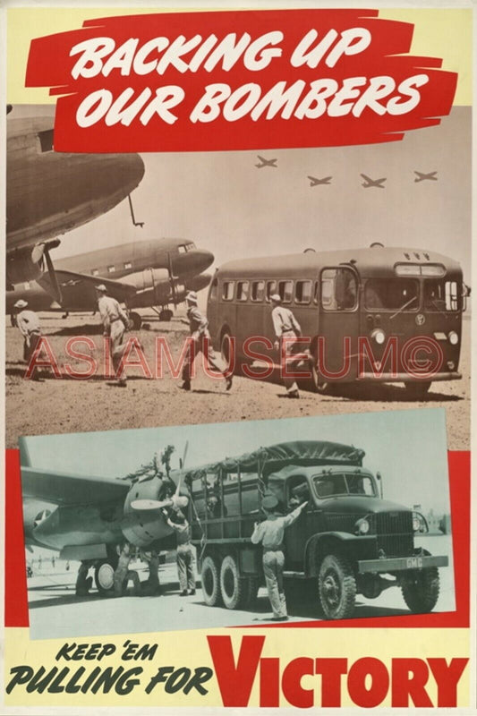 1944 WW2 USA AMERICA BACK UP BOMBER TRUCK PLANE AIRCRAFT WAR PROPAGANDA Postcard