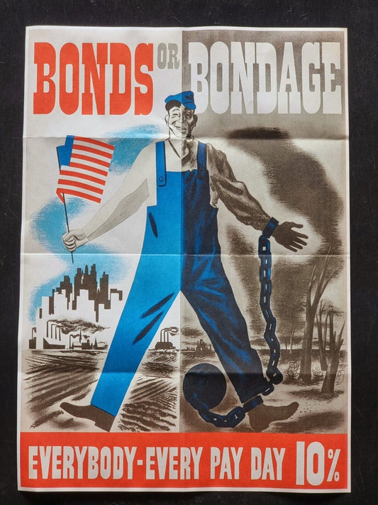 1941 WW2 USA AMERICA WORKER BUY WAR BOND FACTORY FLAG CHAIN PROPAGANDA POSTER