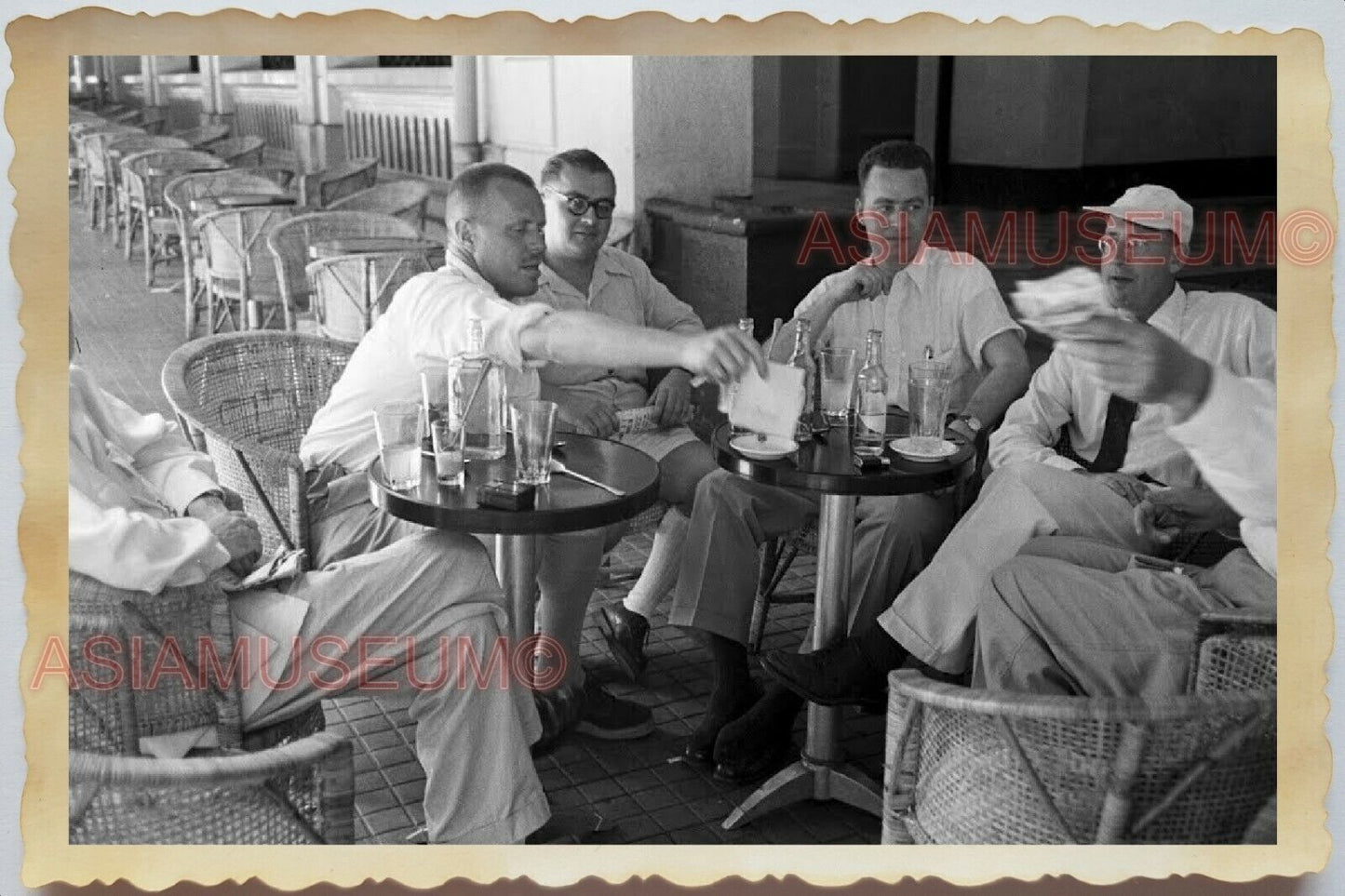 50s Saigon Ho Chi Minh Cafe Bar Group of Men B&W Vietnam War Vintage Photo #683