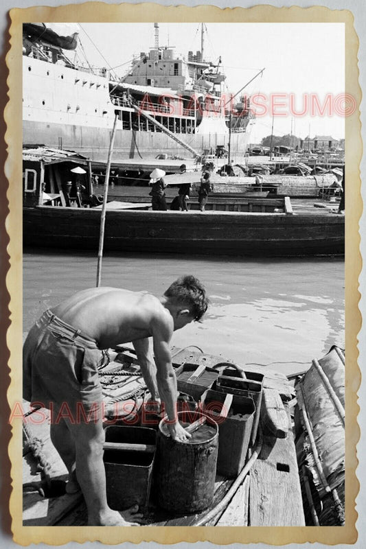 40s Vietnam War SAIGON PORT CRUISE SHIP BOAT TOPLESS MAN PIER Vintage Photo 1556