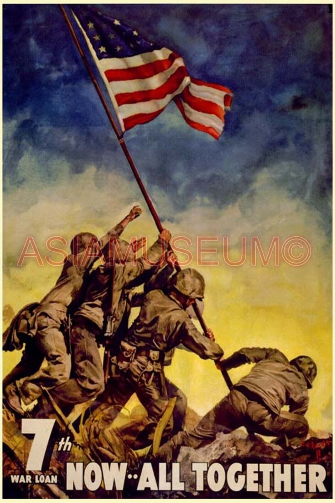 1943 WW2 USA USA 7TH BUY WAR BONDS IWO JIMA FLAG ARMY BATTLE PROPAGANDA Postcard