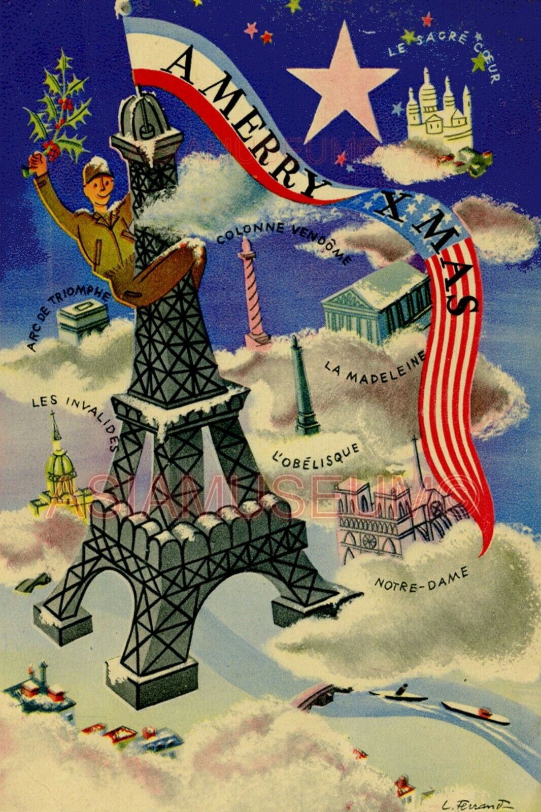 1945 WW2 CHRISTMAS D-DAY FRANCE FLAG EIFFEL TOWER ARMY NOTRE DAME XMAS Postcard