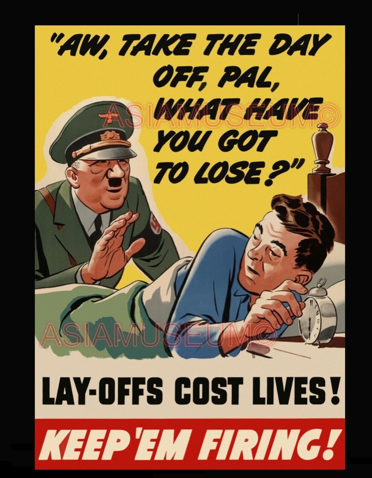 1942 WWii USA AMERICA ANTI CARTOON COMIC FUNNY SLEEP COST LIVE PROPAGANDA POSTER