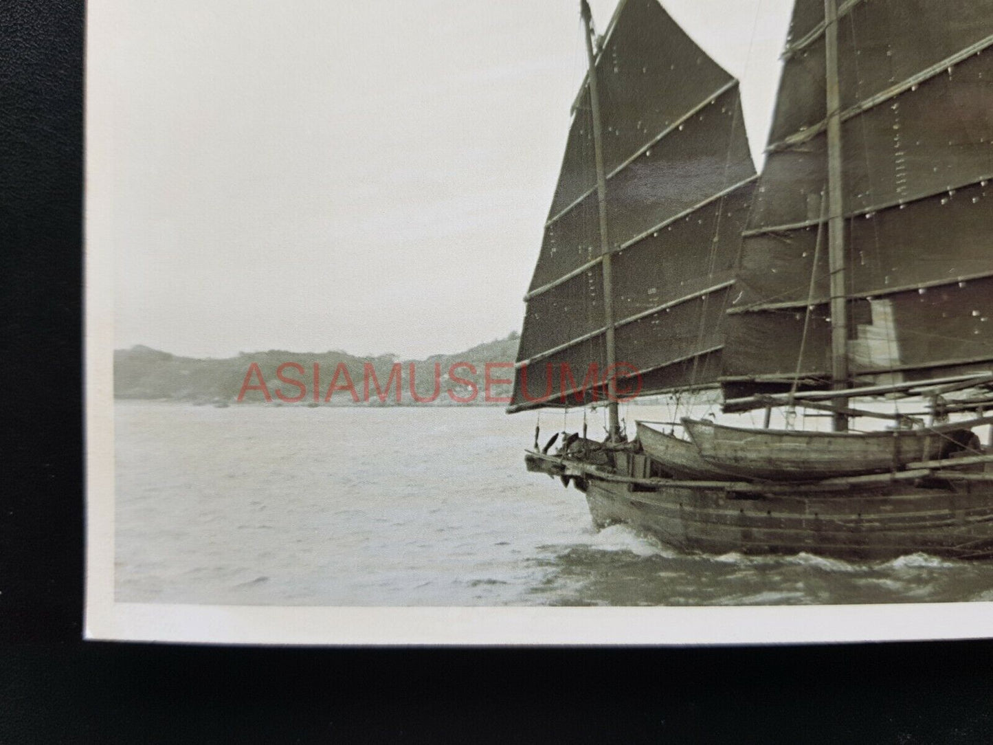 Chinese Junk Boat Ship Sail Sea Vintage B&W Hong Kong Photo Postcard RPPC 1254