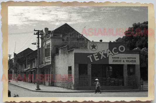 40s WW2 Vietnam STREET SCENE TEXACO OIL GAS STATION SHOP OLD Vintage Photo 04284