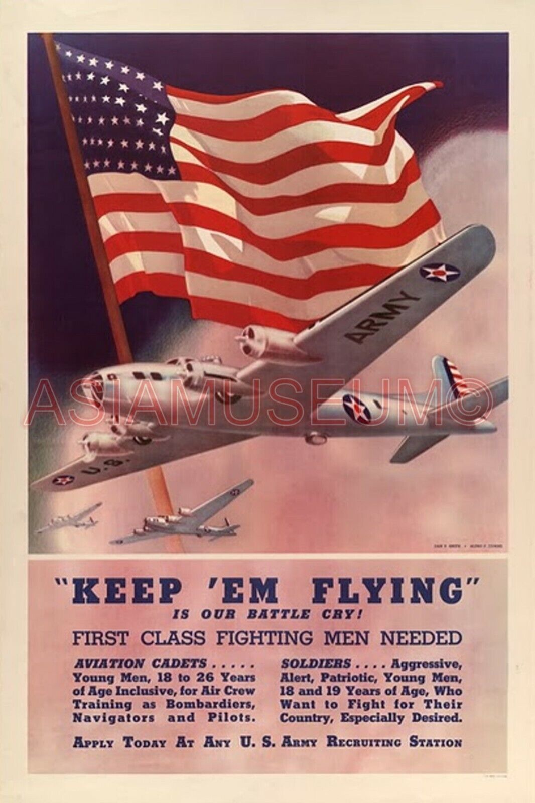 1943 WW2 USA AMERICA AIRFORCE ARMY BOMBER PLANE RECRUIT FLAG PROPAGANDA Postcard