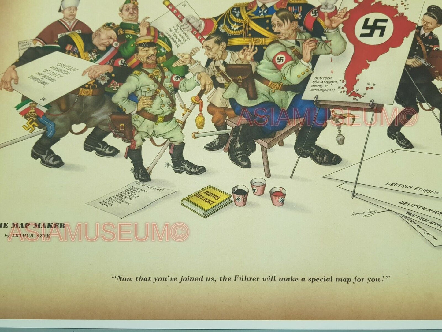 1944 WWii USA AMERICA CARTOON COMIC FUNNY CARICATURE WAR MAP PROPAGANDA POSTER