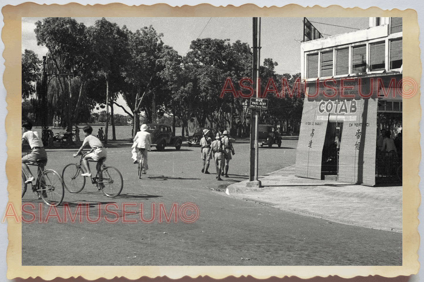 40s WW2 Vietnam STREET SCENE RESTAURANT ARMY BICYCLE SHOP Vintage Photo 04301