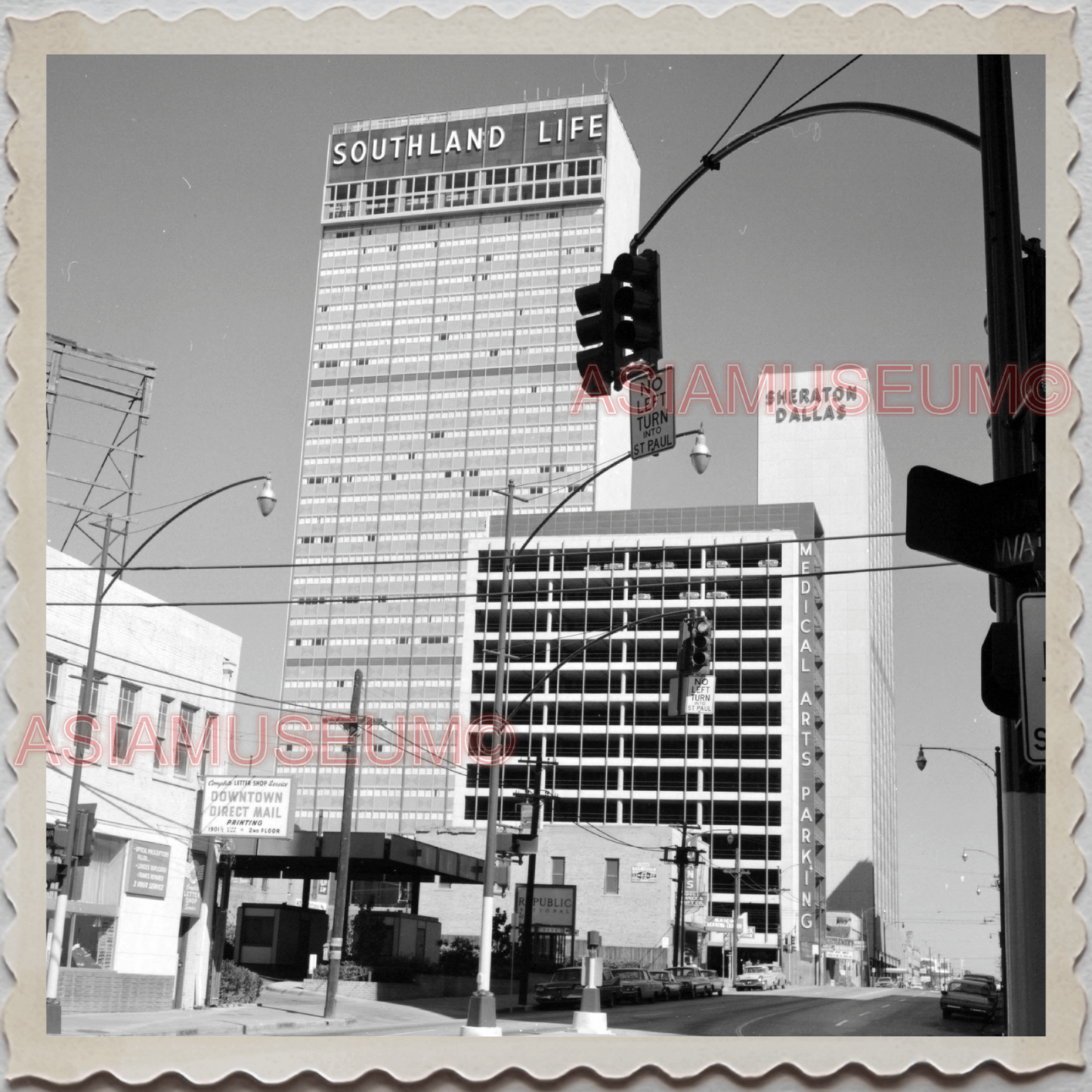 50s DALLAS TEXAS STREET BUILDING TRAFFIC LIGHTS CAR VINTAGE OLD USA Photo 8724