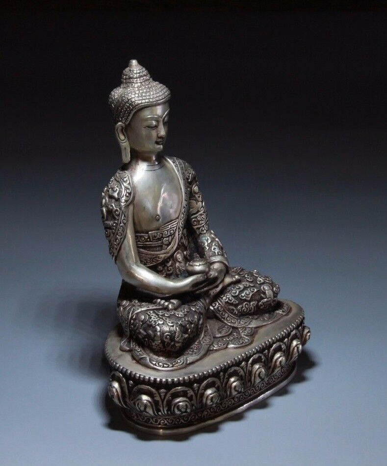 9" Tibet Tibetan Buddhism White Copper Silver Gilt Siam Buddha Bowl Seat Statue