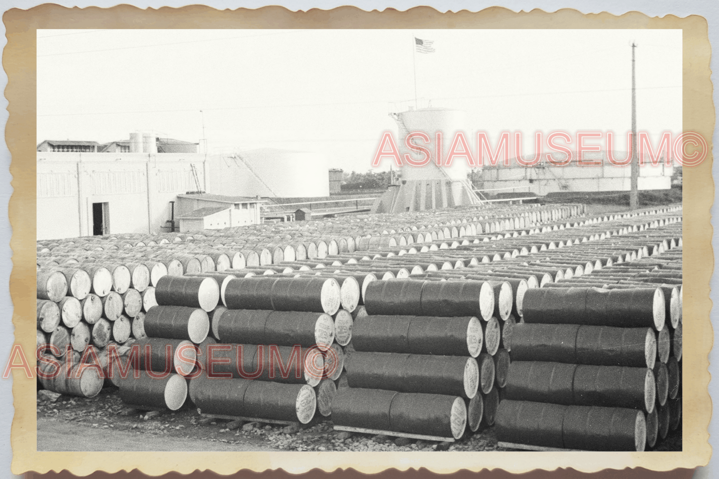 40s WW2 Vietnam HANOI BARREL GASOLINE MOBIL TEXACO REFINERY Vintage Photo 04251