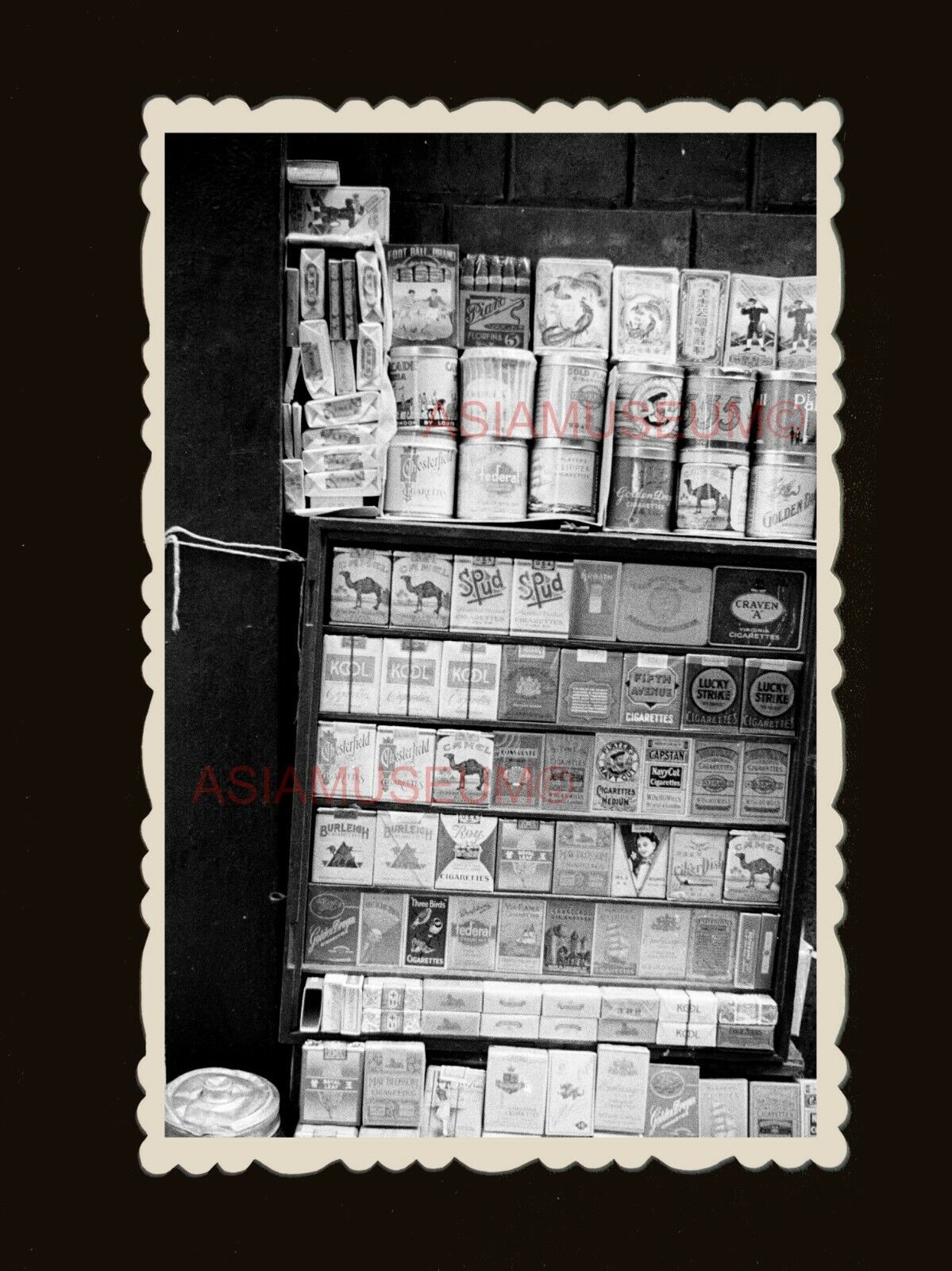 1940s STREET VENDOR CIGARETTE PACK ADS STALL B&W Vintage Hong Kong Photo #1785