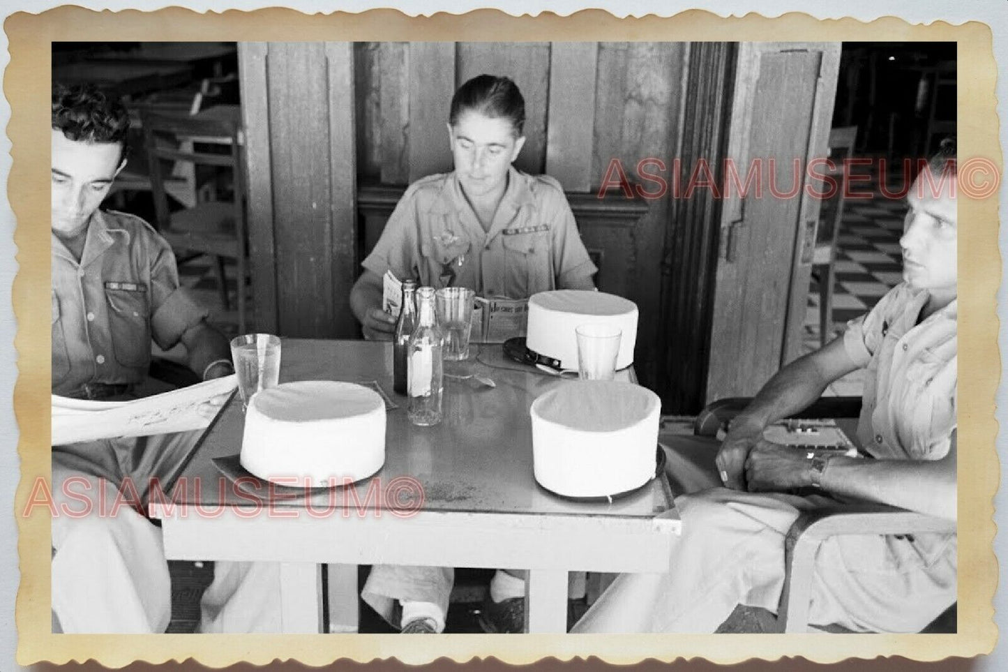 50s Vietnam War Saigon ARMY CAFE BAR DRINKING SHOP HAT BEER Vintage Photo #1263