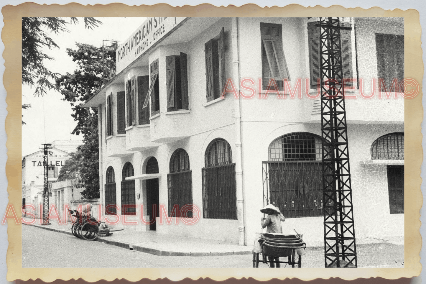 40s Vietnam HAI PHONG AMERICAN BUILDING RICKSHAW FRENCH OLD Vintage Photo 4353