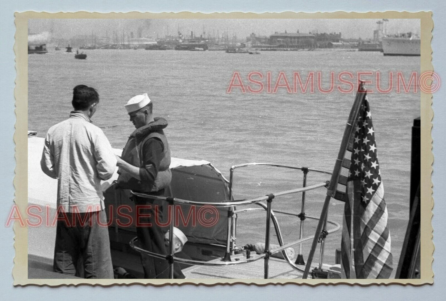 1940s AMERICAN FLAG SAILOR ARMY SHIP Vintage China Shanghai Photo #3287 中国上海老照片