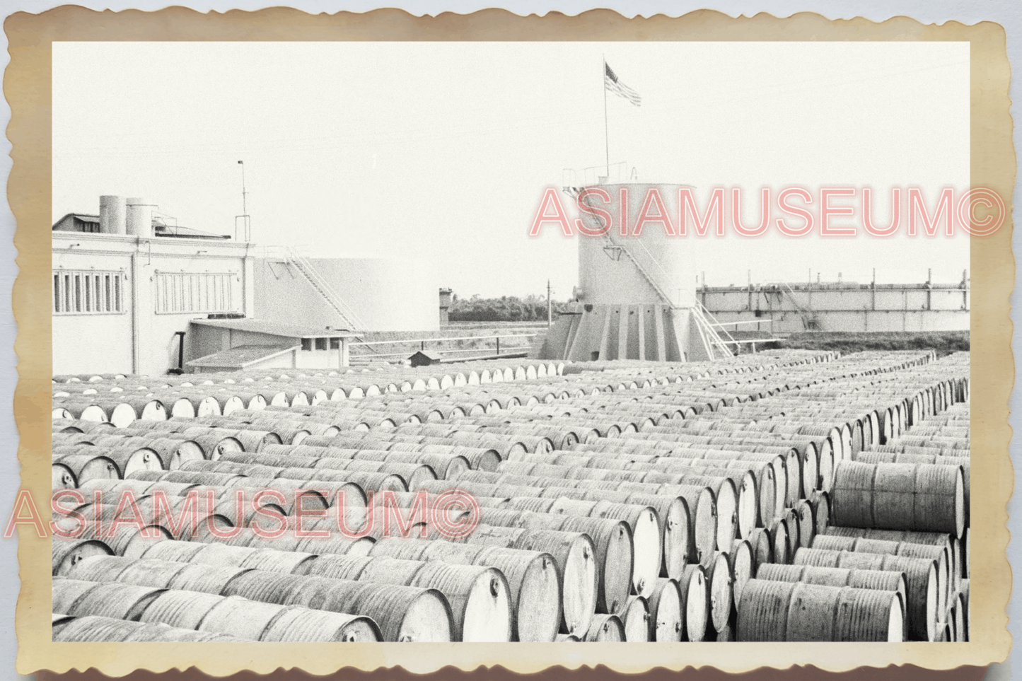 40s WW2 Vietnam HAIPHONG AMERICAN REFINERY GASOLINE BARREL Vintage Photo 04418