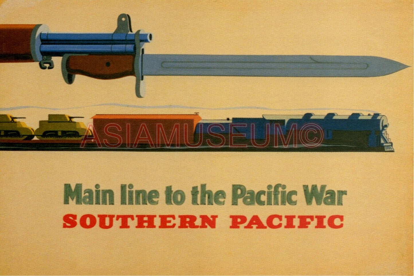 1942 WW2 USA AMERICA SOUTHERN PACIFIC RAIL TRAIN WAR KNIFE RIFLE TANK Postcard