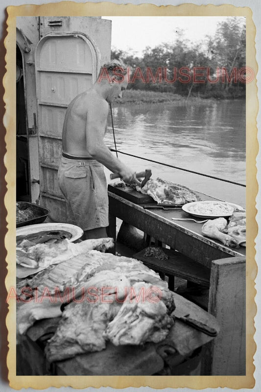 50s Vietnam SAIGON ARMY SOLDIER TOPLESS COOK BOAT SHIP KITCHEN Vintage Photo 766