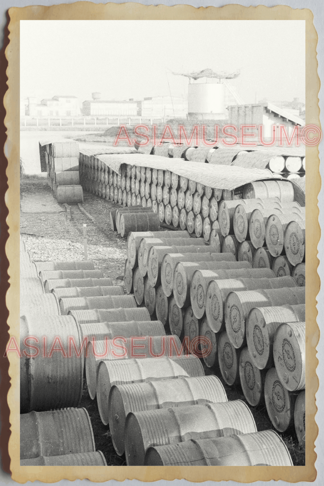 40s Vietnam HANOI TEXACO OIL GASOLINE REFINERY BARREL USA  Vintage Photo 04257