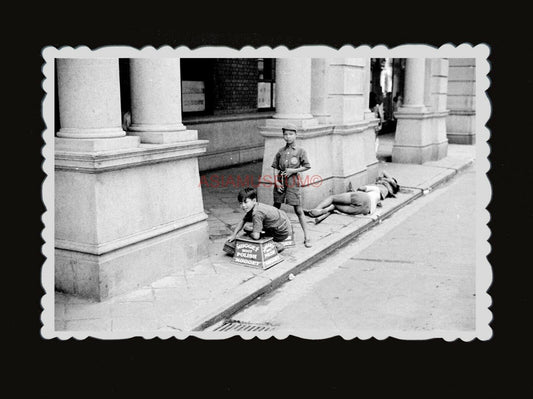 British Colony Boy Shoe Shine stand sidewalk Street Vintage Hong Kong Photo #718