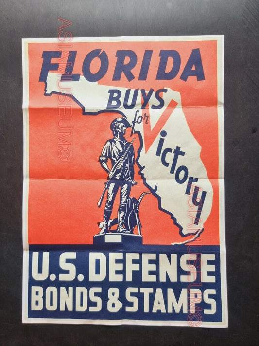 1943 WW2 USA AMERICA FLORIDA VICTORY ARMY SOLDIER BATTLE MAP PROPAGANDA POSTER