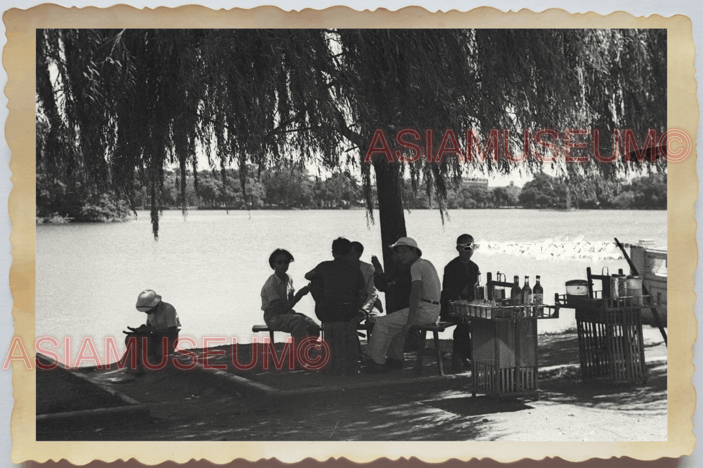 40s WW2 Vietnam HANOI STREET SCENE RIVERSIDE RESTAURANT WINE Vintage Photo 04330