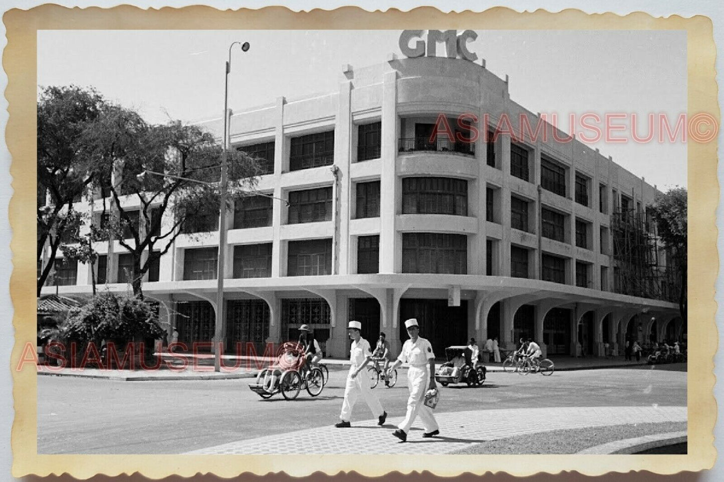 50s Vietnam SAIGON SAILOR NAVY STREET SCENE GMC BUILDING WAR Vintage Photo #1693