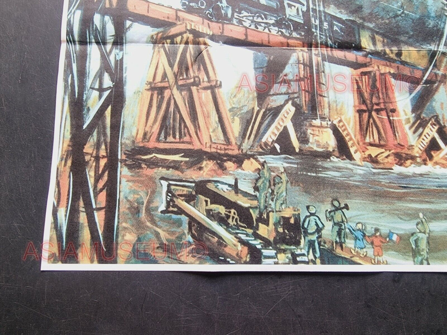 1943 WW2 AMERICA RAILROAD BRIDGE RAILWAY TRAIN ART PAINTING  PROPAGANDA POSTER