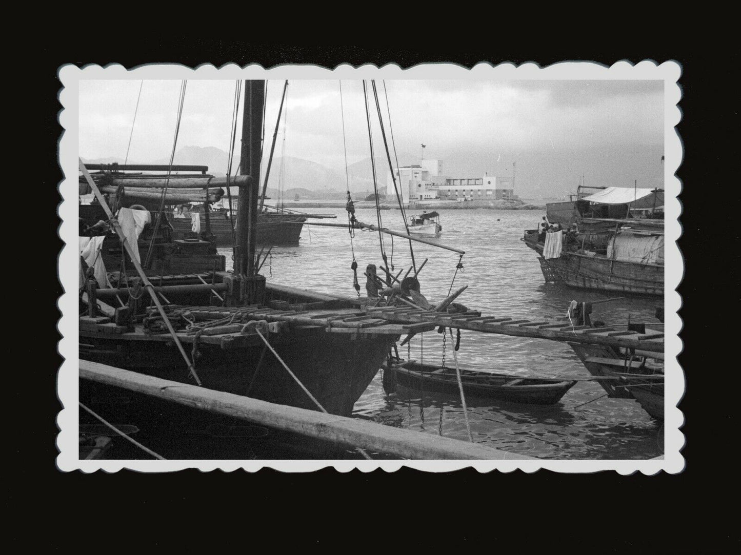 1950s Vintage Hong Kong Photo Harbor Pier Boat Ship Junk Building Hill Flag #491