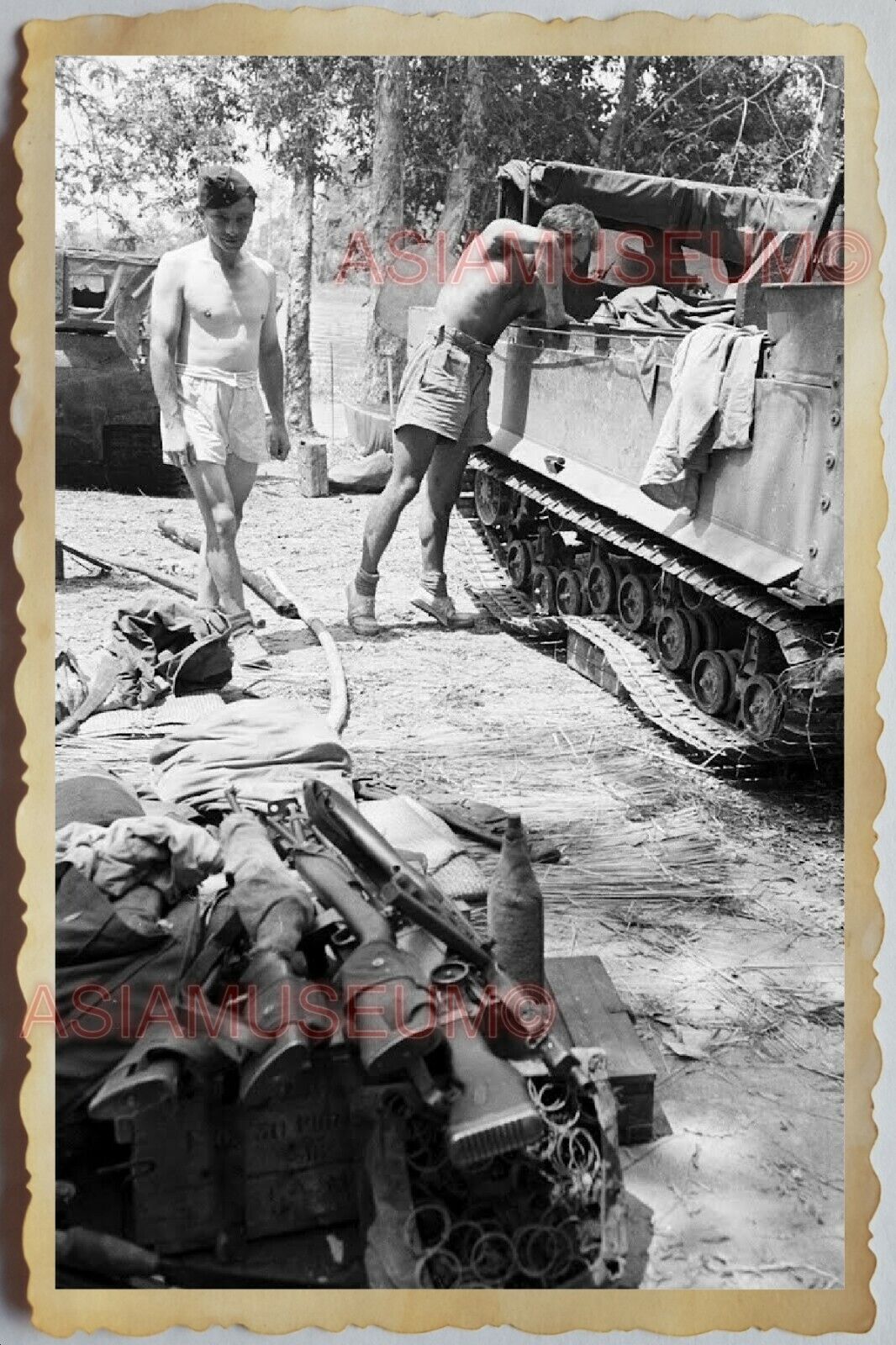 50s Vietnam SAIGON ARMY SOLDIER TOPLESS TANK RIFLE GUN GAY OLD Vintage Photo 682