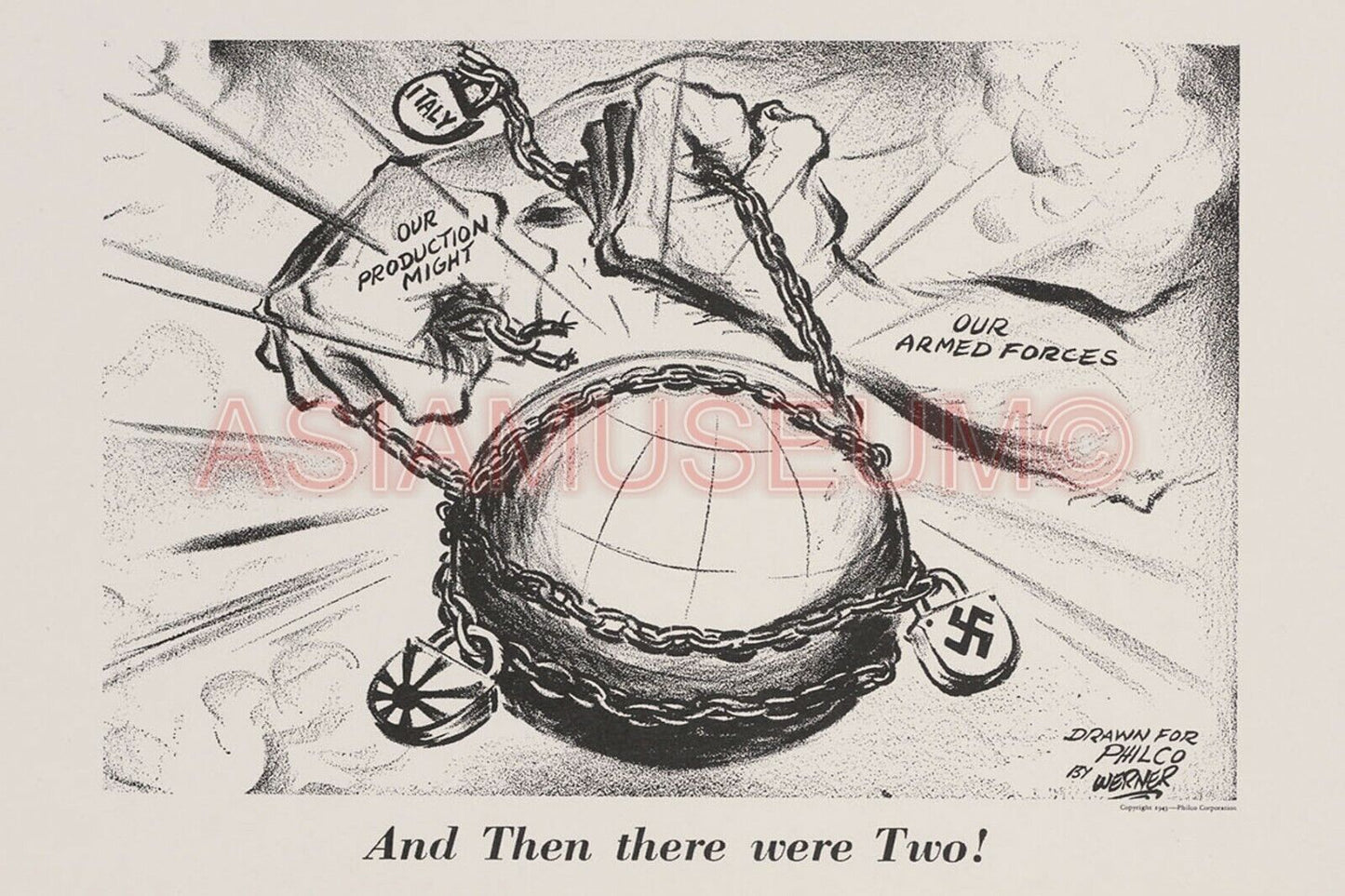 1945 WWii AMERICA PENCIL DRAWING GLOBE MAP COMIC CARICATURE PROPAGANDA Postcard